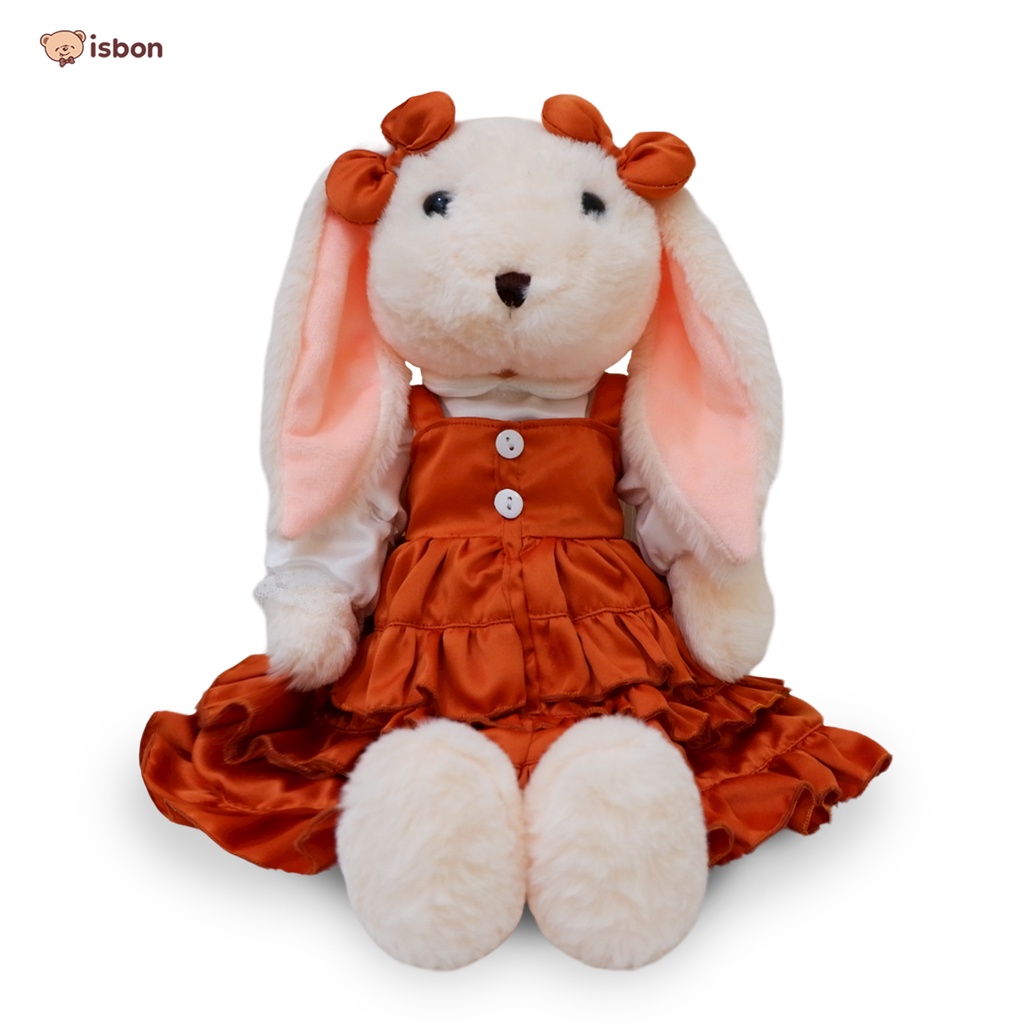 ISTANA BONEKA Boneka Kelinci Rabbit Echo  Warna Peach With Baju Party Orange Lucu Menggemaskan  By ISTANA BONEKA