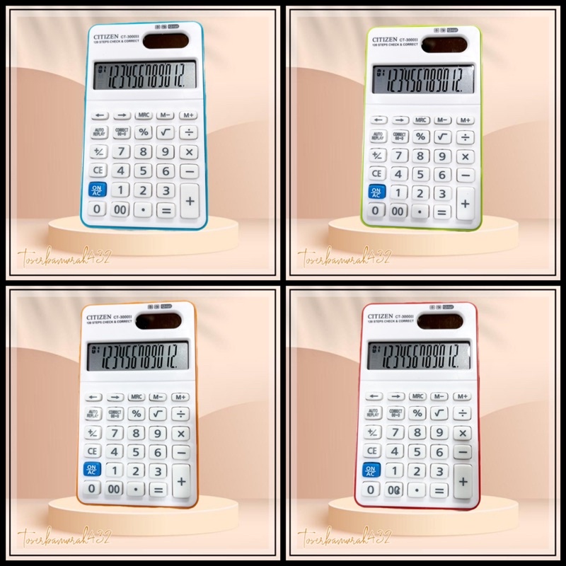 

Kalkulator Ct 3000II 12 digits, bisa ditaruh saku.Warna merah hijau biru oren