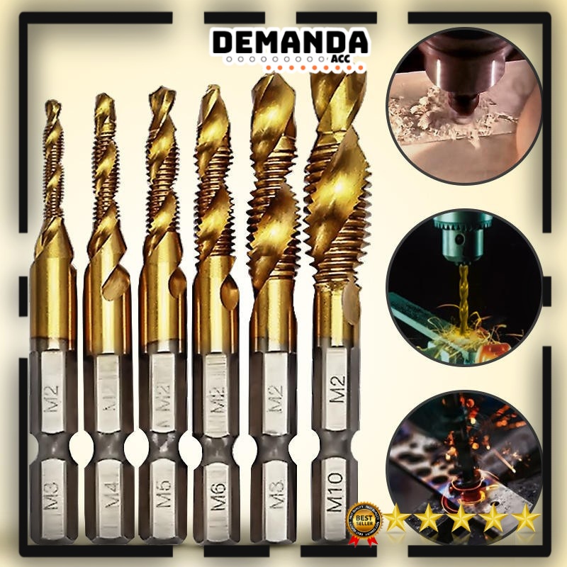 Mata Bor HSS 6PCS Pembuat Ulir Drat Drill Tap Set Hex Twist Spiral Tapper Baut Bit Drilling Tapping Deburring