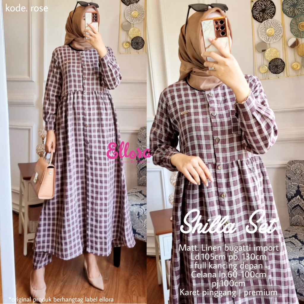 Setelan Tunik Panjang Motif Kotak Kotak Harian Linen Bugati Import Wanita Busui Kekinian Terbaru 202