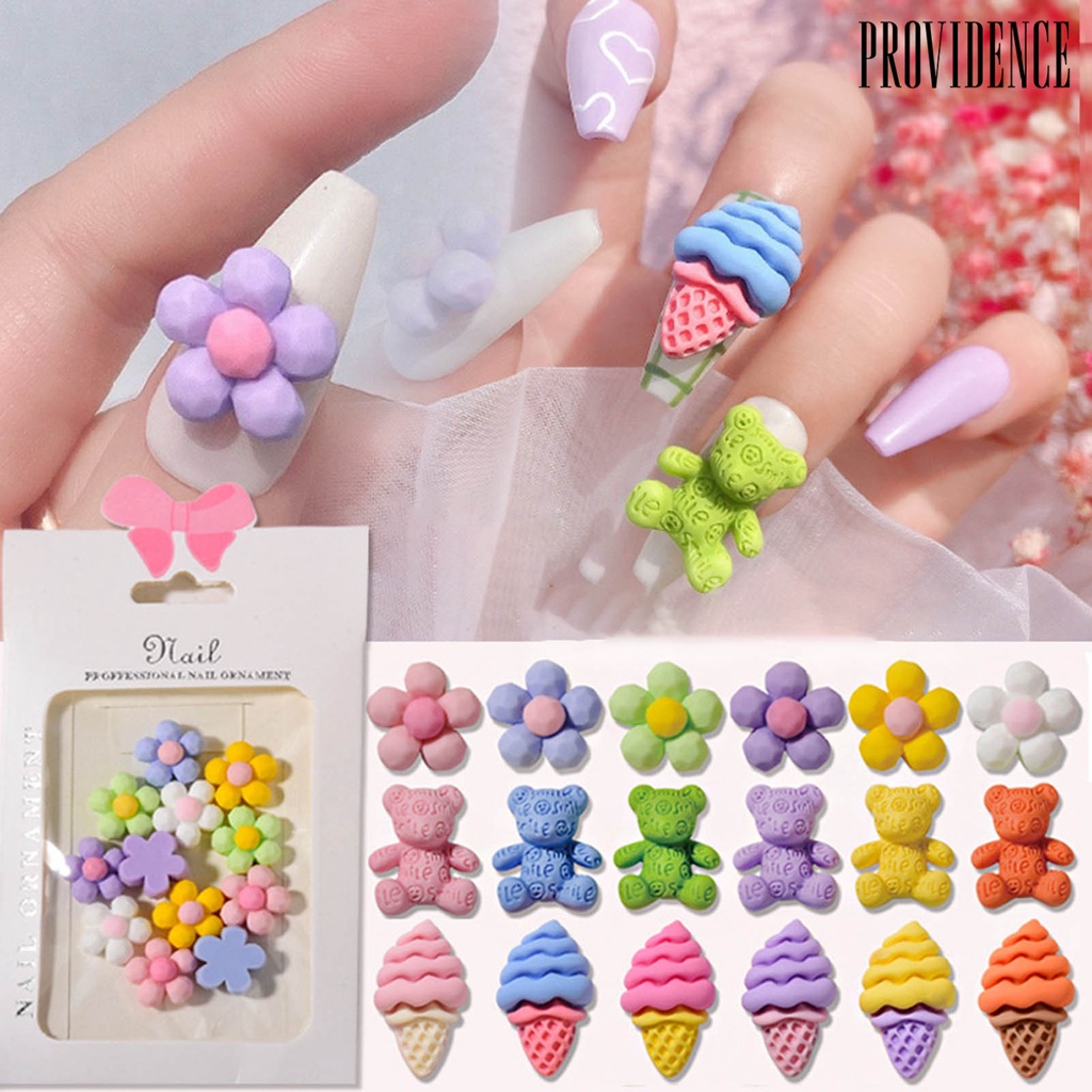 Providence 12Pcs / Set Hiasan Kuku Motif Kartun Bunga / Beruang Bahan Resin Untuk Nail Art / Manicure DIY