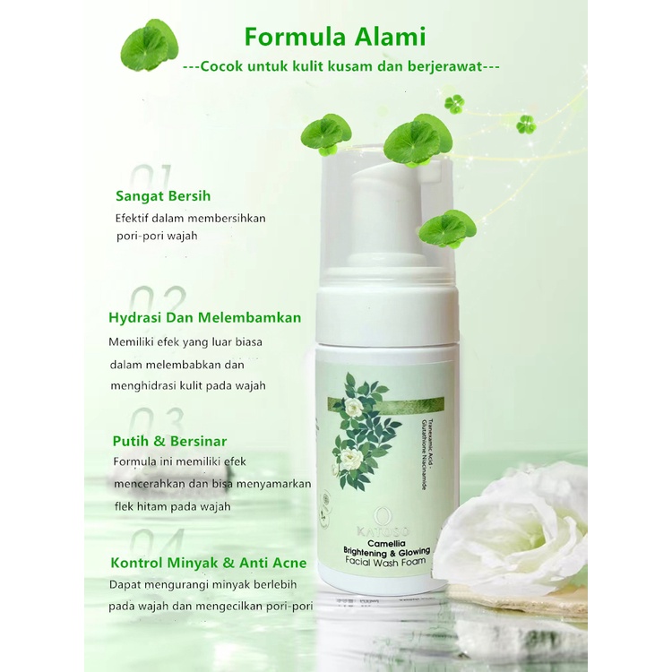 (BPOM) Katoso Camellia Deep Cleaning Brightening &amp; Glowing Whitening Facial Wash Foam Cleanser Wajah Centella Aloe Niacinamide Removal 100ML