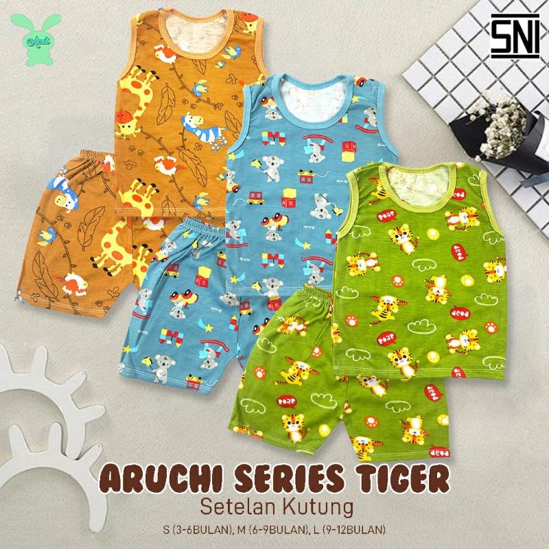 3psg_ ARUCHI baby setelan kutung motif bamboo series, Love bird, Kitty ,TIGER , BABY HIPPO  s.m.l/ setelan kutung aruchi TERBARU/ setelan SINGLET bayi ARUCHI