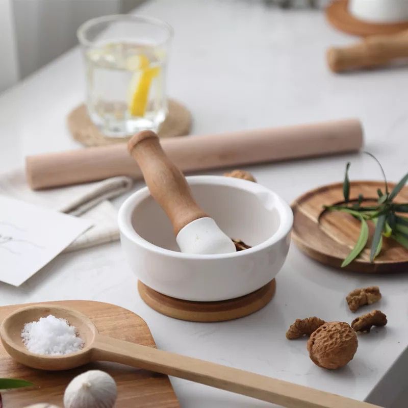 cobek keramik handle bambu / mortar pestle ceramic bamboo handle / ulekan tumbukan serbaguna bumbu dapur obat apotek