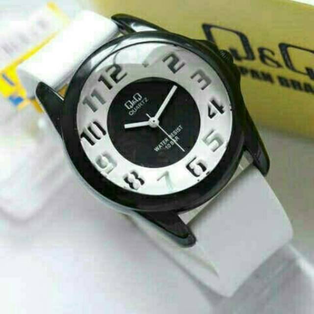 Jam tangan cewek case hitam tali putih rubber / karet Q&Q VR42 original anti air 100m jam QnQ QQ qq