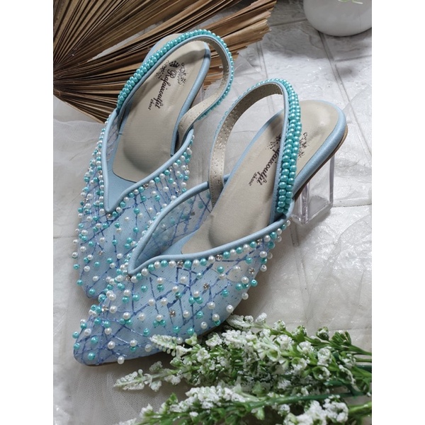 sepatu yasmika babyblue tali dipayet 7cm kaca