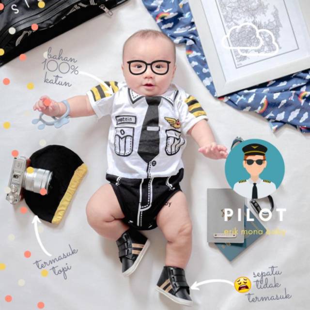 Jumper Bayi Pilot Polisi Murah, Baju Bayi Overall Unisex, Romper Bayi Tangan Pendek