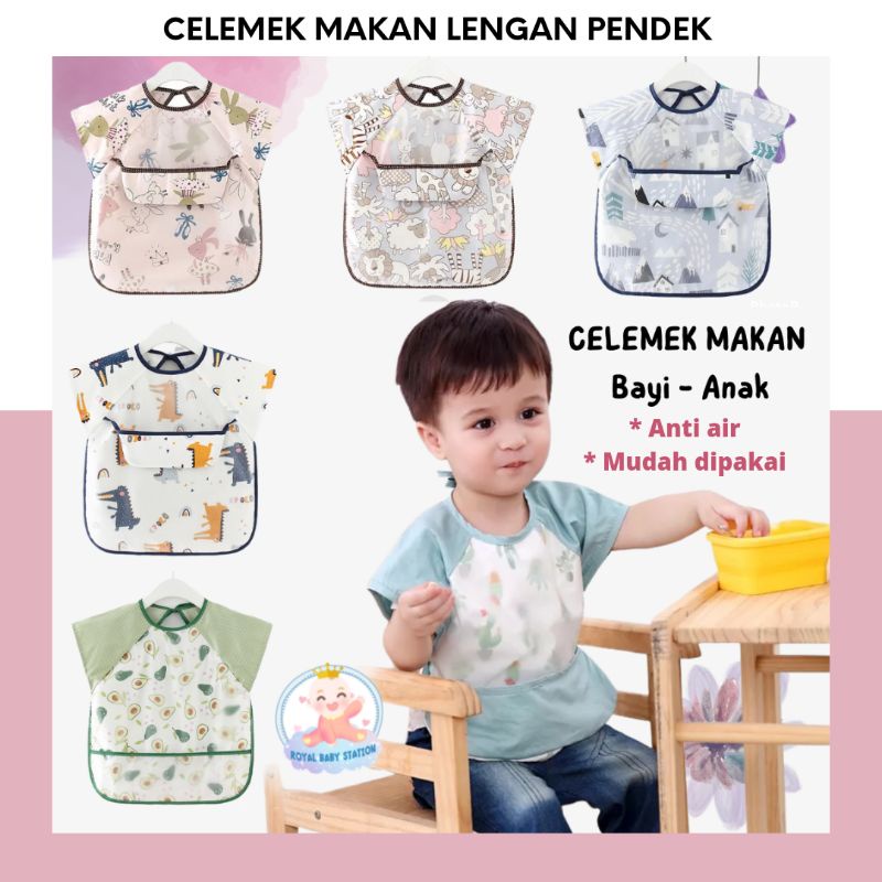 New Celemek Makan Anak Bayi Lengan Pendek Anti Air Bibs Bayi