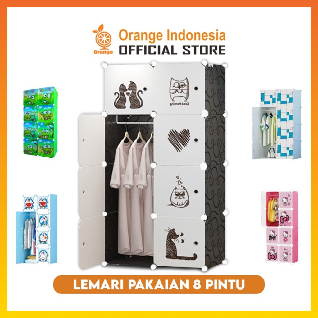 Lemari Pakaian 8 Pintu + Gantungan Baju lemari pakaian Portable Lemari Plastik Motif karakter WHFURNITURE