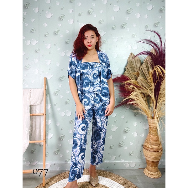 Baju Setelan 3in1 Wanita Kekinian Jumbo Set Cardigan Outer Kemben Tie Dye Abstrak Bunga