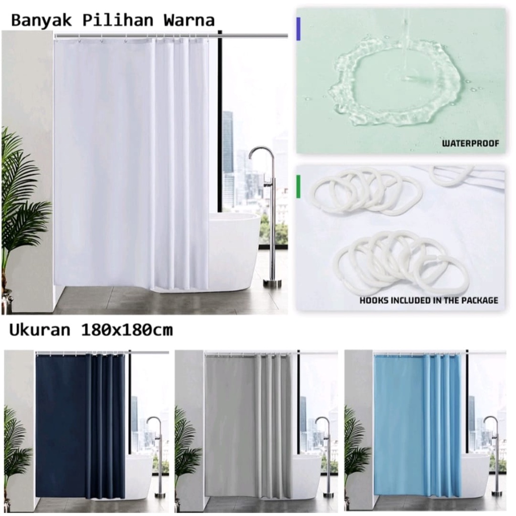 TIRAI KAMAR MANDI / SHOWER CURTAIN / TIRAI Tahan Air Warna Putih Abu Biru Polos Bahan Peva 180x180 cm TERMURAH