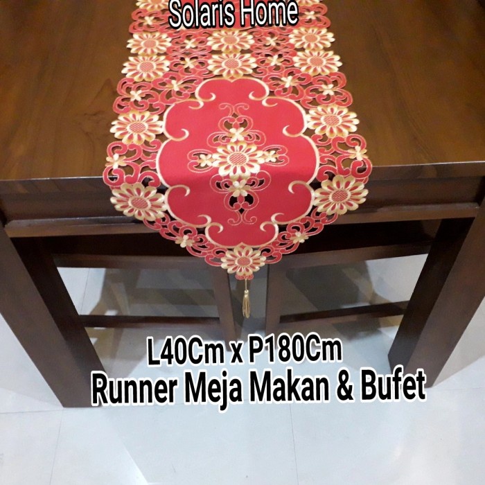 Taplak Meja Makan - Taplak Panjang Runner Merah Bordirtengah Meja Makan Bufet Kain Tebal