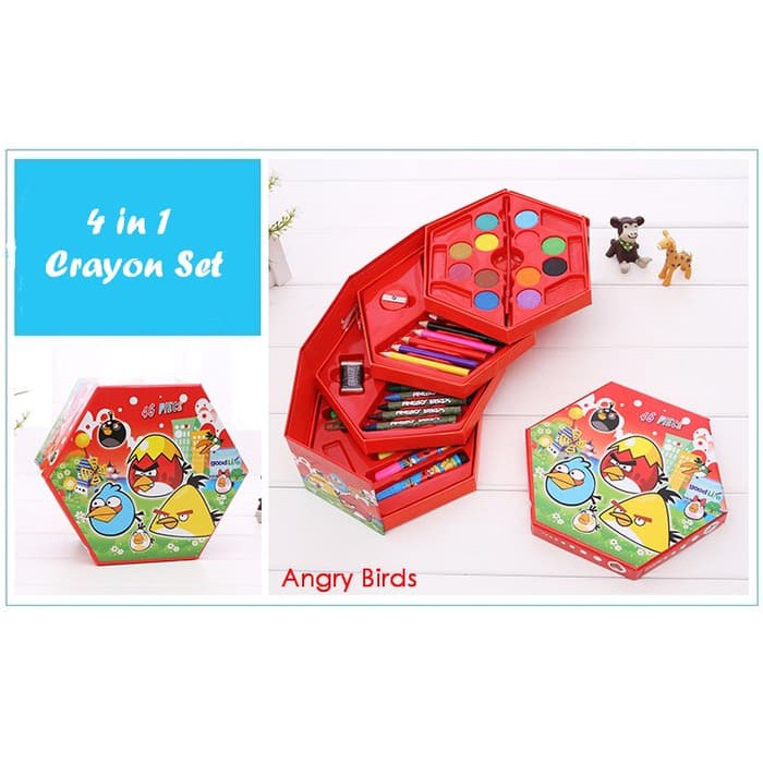 

me163 Kotak Susun 4 In 1 Set Tempat 46 Crayon Warna Angry Birds