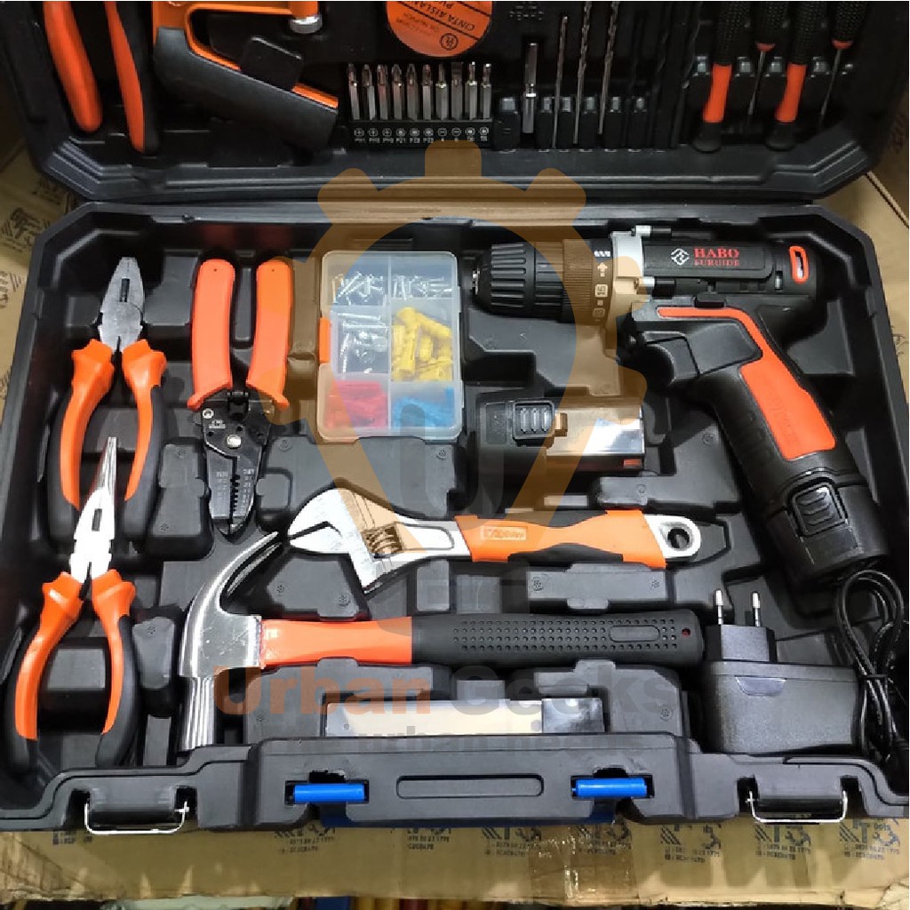 Paket Toolkit Toolbox Mesin Bor Baterai Bor Cordless 112pc Habo Furuide