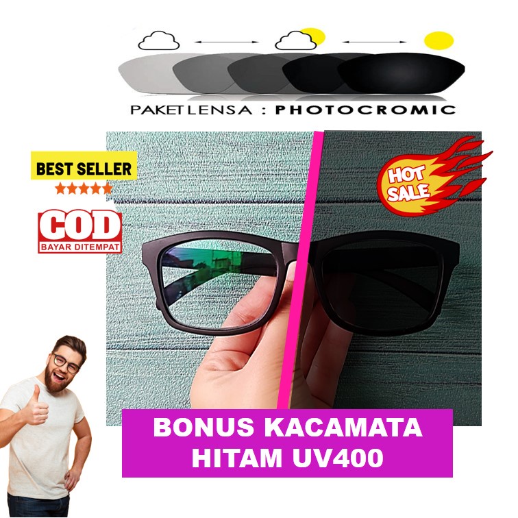 ORIGINAL Kacamata Minus Wanita Pria Potocromic Gagang Elastis Model Hitam Doff Murah Adidora R3514