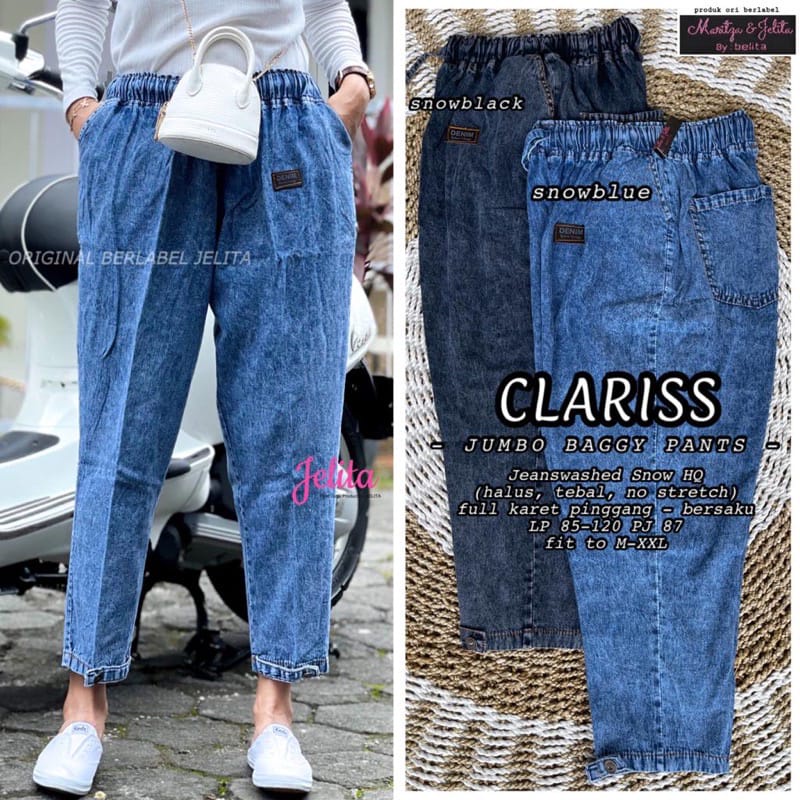 Celana Jeans Wanita Jumbo Clariss Baggy Pants Highwaist Pinggang Karet Fit to XXL