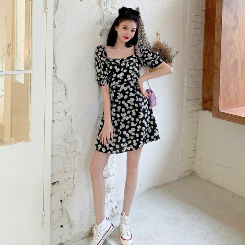 Dress Sabrina Bunga Daisy Gaya Korea Wanita