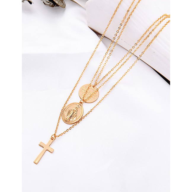 LRC Kalung Fashion Gold Geometric Coin Cross Multilayer Necklace D03279