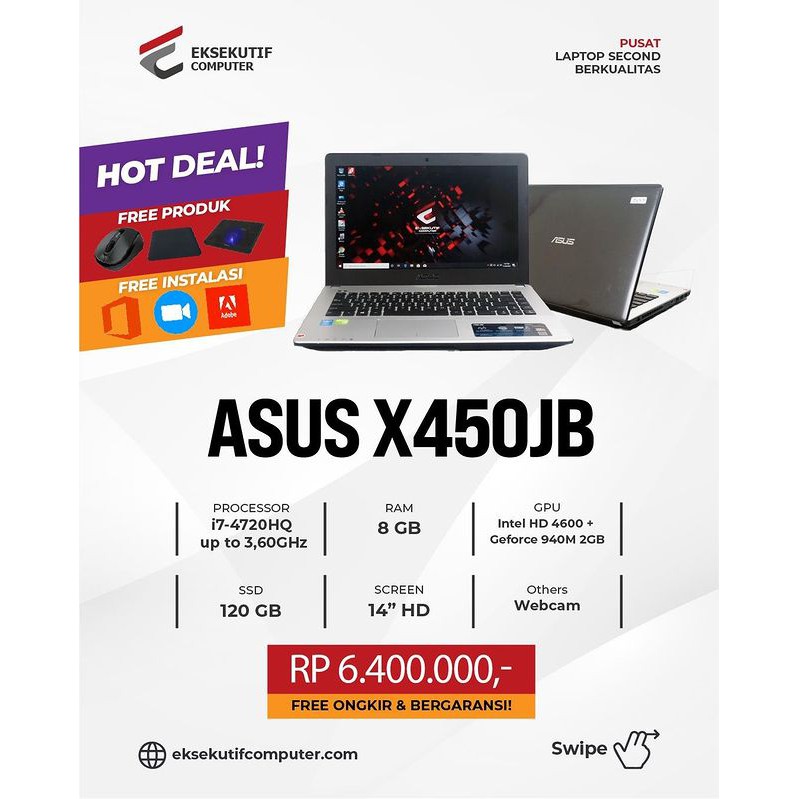 Jual Laptop Gaming Asus X450JB i7 Nvidia RAM 8GB SSD