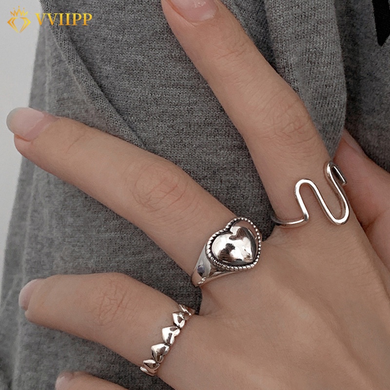 3pcs / Set Cincin Bentuk Hati Gelombang Warna Silver Untuk Wanita