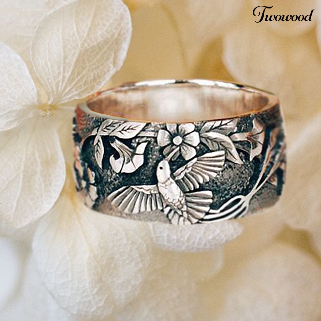 Twowood Bird Flower Pattern Unisex Ring Retro Color Alloy Wide Hip Hop Finger Ring Jewelry Accessory