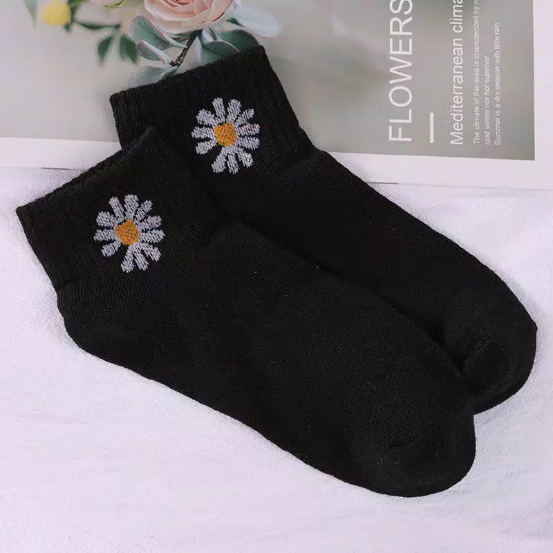 Kaos Kaki Ankle H185 Motif Bunga Daisy Gaya Korea Untuk Kaos Kaki Wanita Motif-HITAM