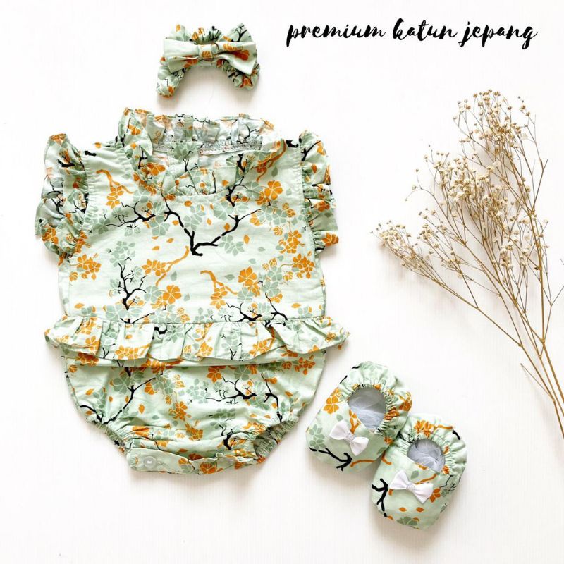 Baju jumper 0 6 bulan bando lucu bestseller anak bayi cewek perempuan murah-Sakura hijau