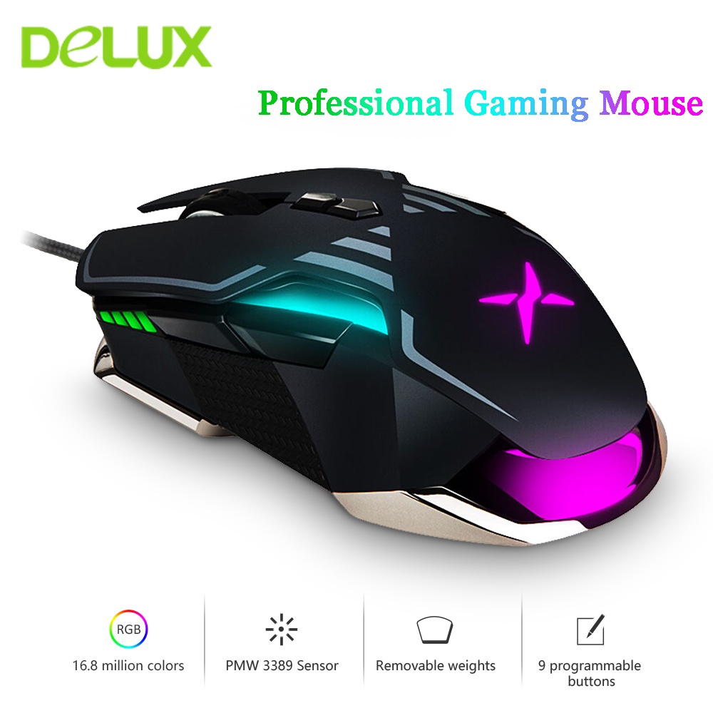 Delux M628 PMW3389 Mouse Gaming Optical Kabel Usb 16000 DPI 9 Tombol 50G RGB Dengan Berat Berat Adjustable