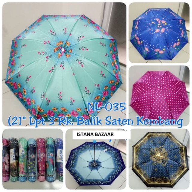 Grosir payung lipat 3 bahan saten motif kembang