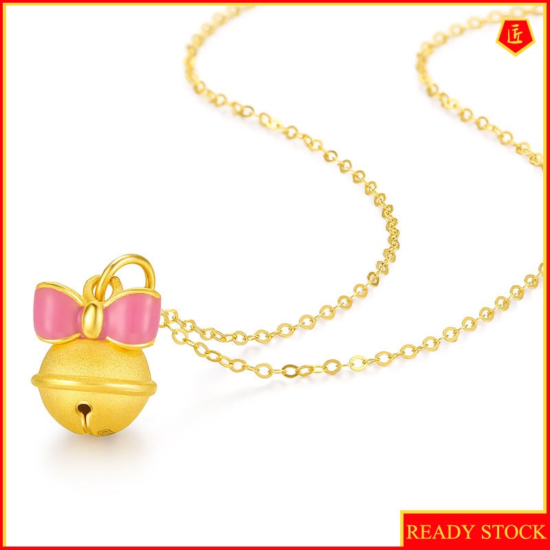 [Ready Stock]3D Golden Bell Pendant Female Lucky Beads Bow Necklace Cute Sweet