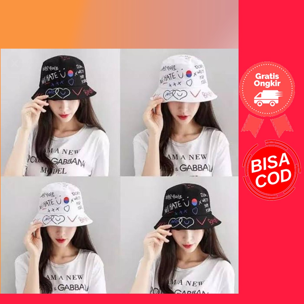 TOPI BUCKET HAT kOREA LAKI CEWE SABLON BADAS BOLAK BALIK - TOPI BUCKET KOREA MOTIP SABLON - TOPI BUC
