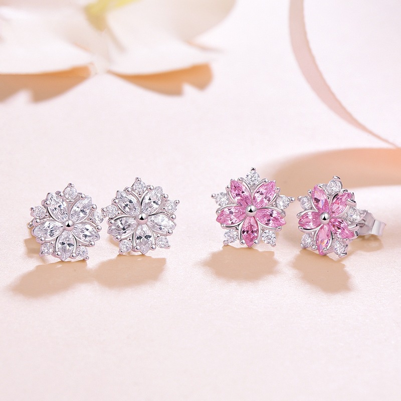 Anting Desain Bunga Sakura Bahan Stainless Warna Pink Aksen Berlian Untuk Aksesoris