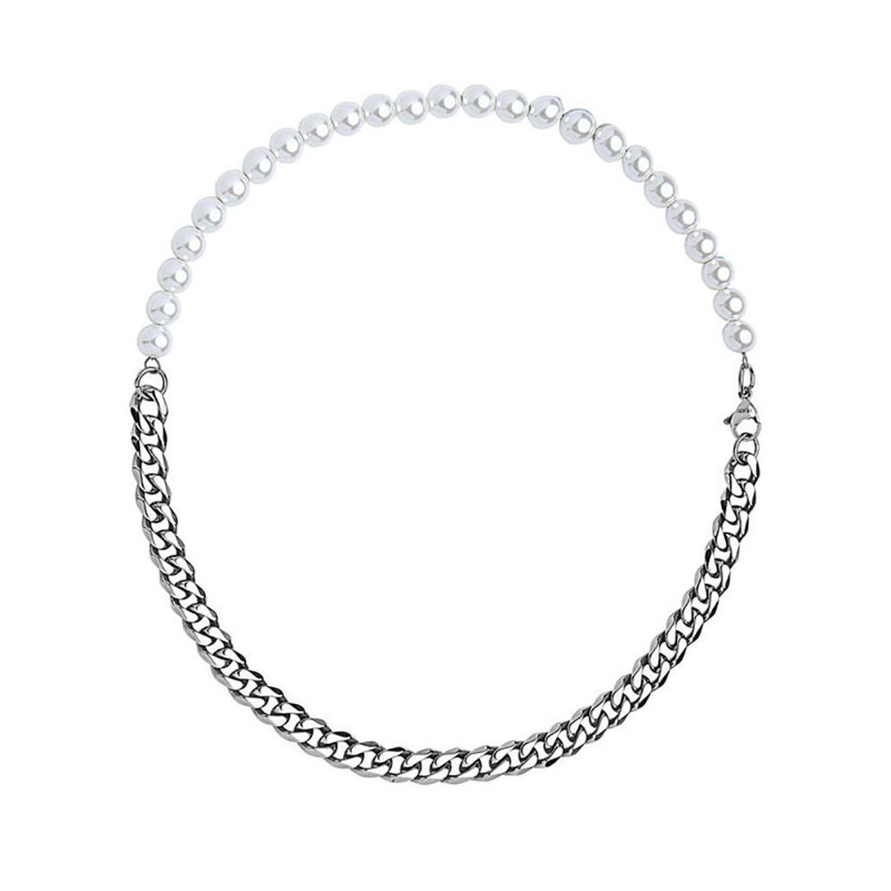 Mxbeauty Kalung Rantai Choker Hias Mutiara Bahan Stainless Steel Gaya Hip Hop Punk Korea Untuk Pria Dan Wanita