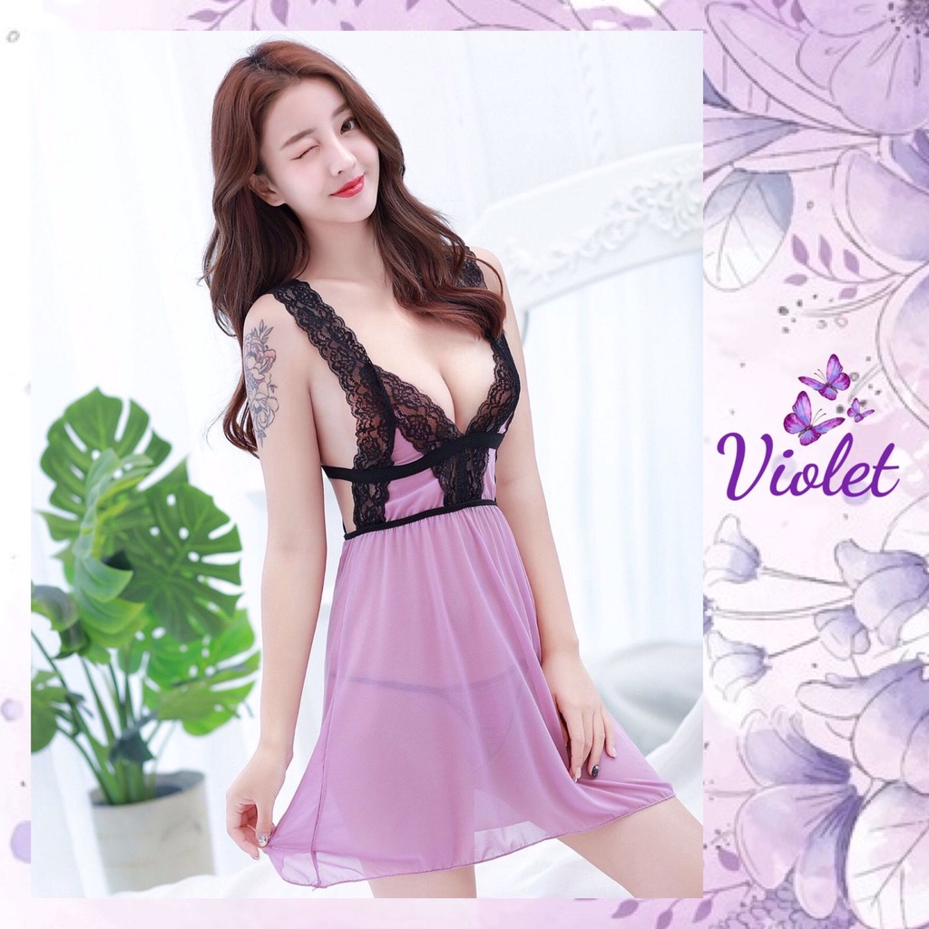 Violet Lingerie Baju Tidur V-neck Pakaian Tidur Wanita Gaun Renda Malam Tanpa Lengan 1156