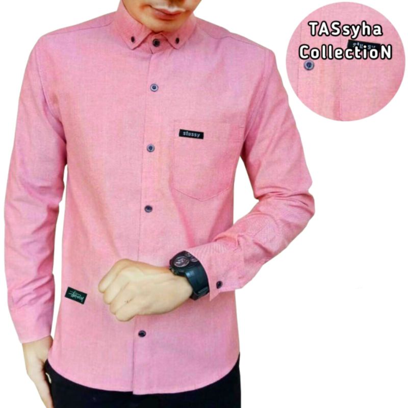 Kemeja Merah Maroon / Kemeja Pria / Kemeja Lengan Panjang / Kemeja Polos-PINK