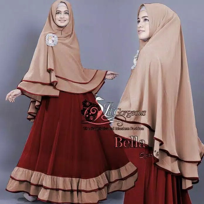 baju gamis syar'i muslim wanita 1set kerudung motif bella
