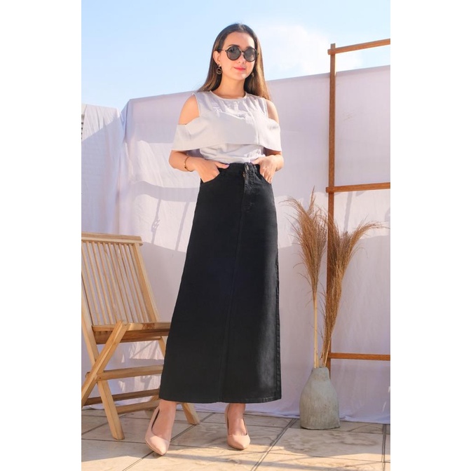 Miss Me Rok Jeans Panjang Wanita Warna Rok Denim Hitam - 982801