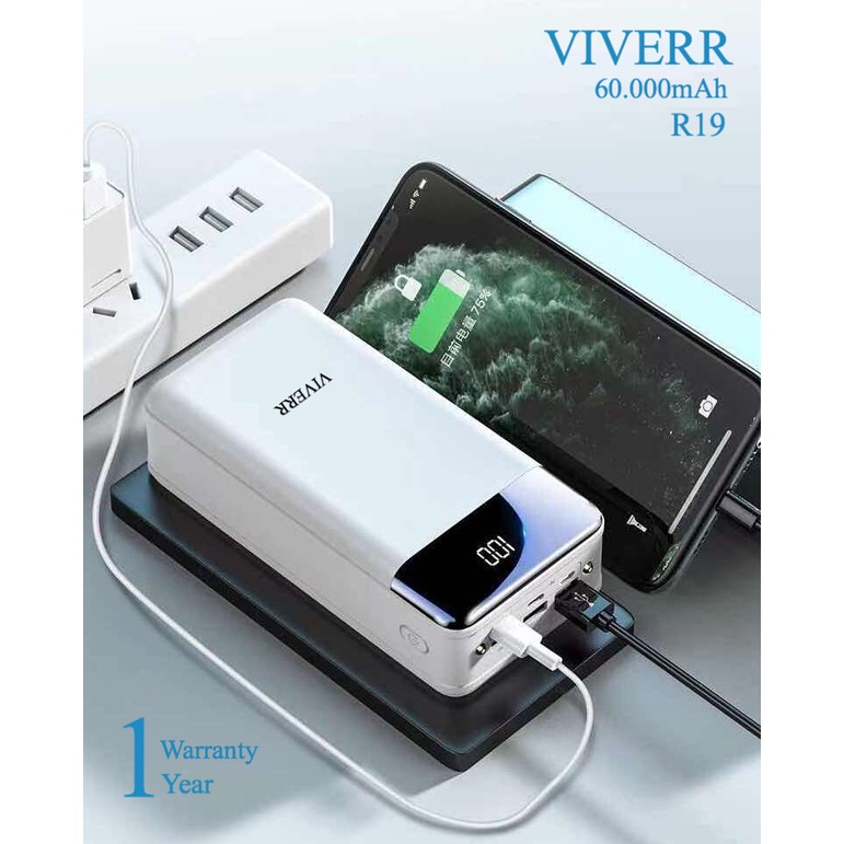 Powerbank VIVERR R19 kapasitas 60.000 mAh Original Cocok buat semua merek HP Gadget Garansi 1 Tahun.