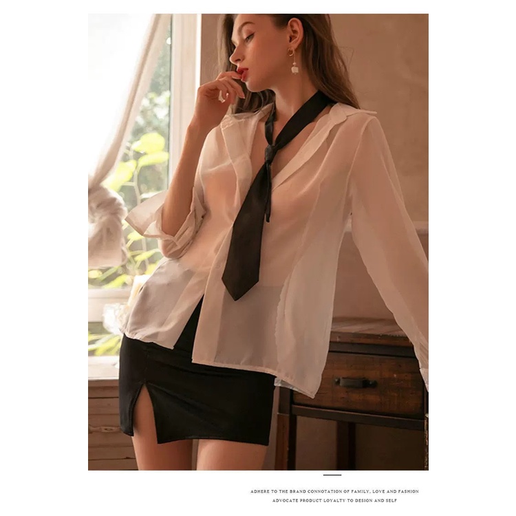 Lingerie Set Sekretaris Wanita Cosplay Kurus Mini Rok Manis Seragam Guru Lengan Panjang Dasi Rok Mini Seksi 3A356