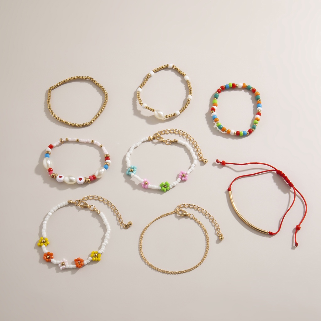 Gaya BoHo Multi-Lapisan Set Gelang Perhiasan Warna Manik-manik Gelang Set Wanita Mutiara Multi-Warna Beras Manik Dikepang Gelang