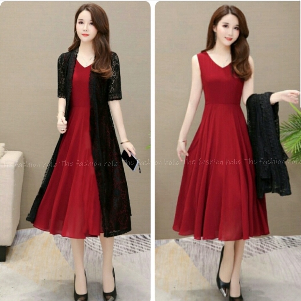 *[VLFK] Stelan Lovita / One Set Panjang Wanita / Setelan Dres dan Longcardi Wanita / Setelan 2in1 Korea