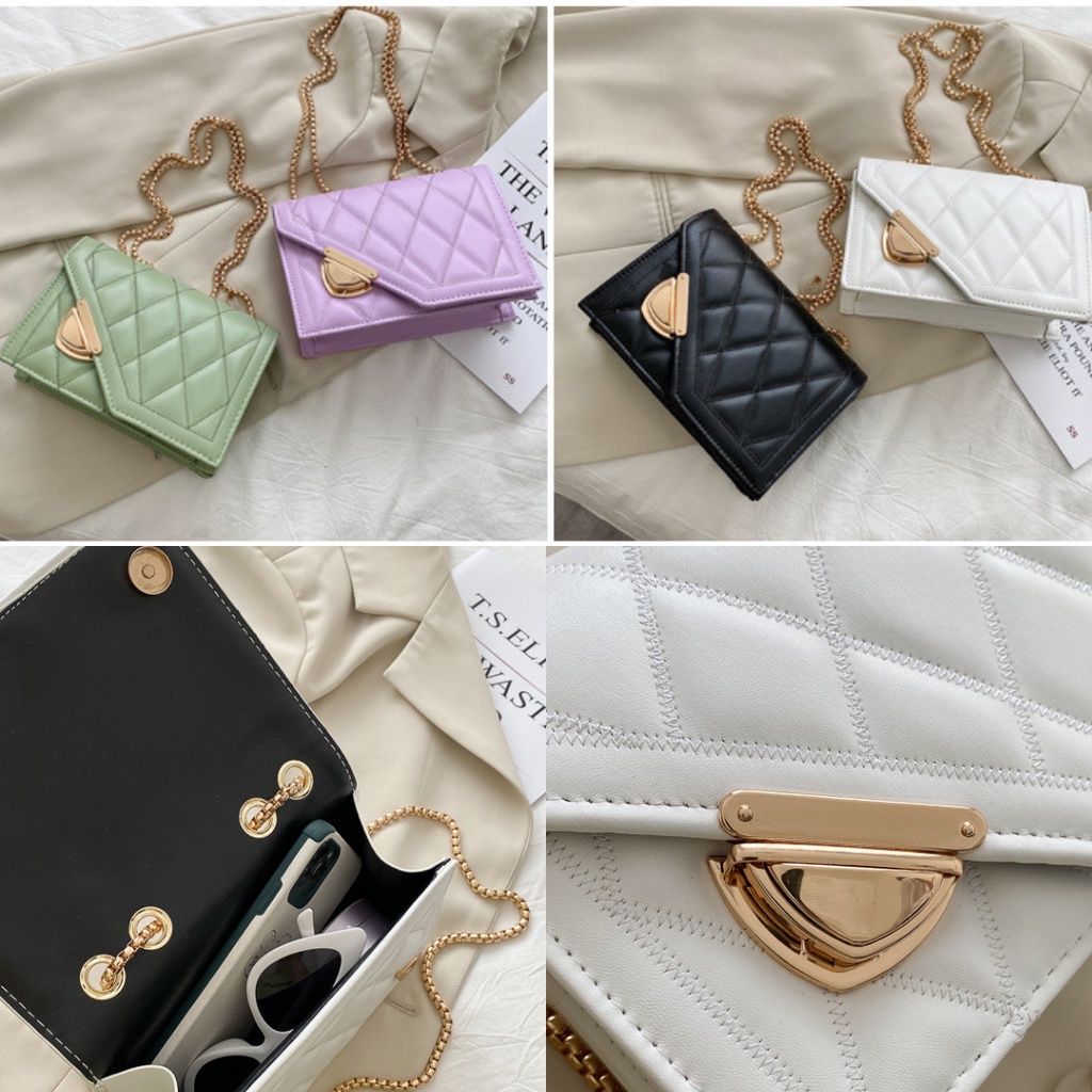 Tas Selempang Cewek Fashion Korea Bahan Kulit Tali Rantai Gold