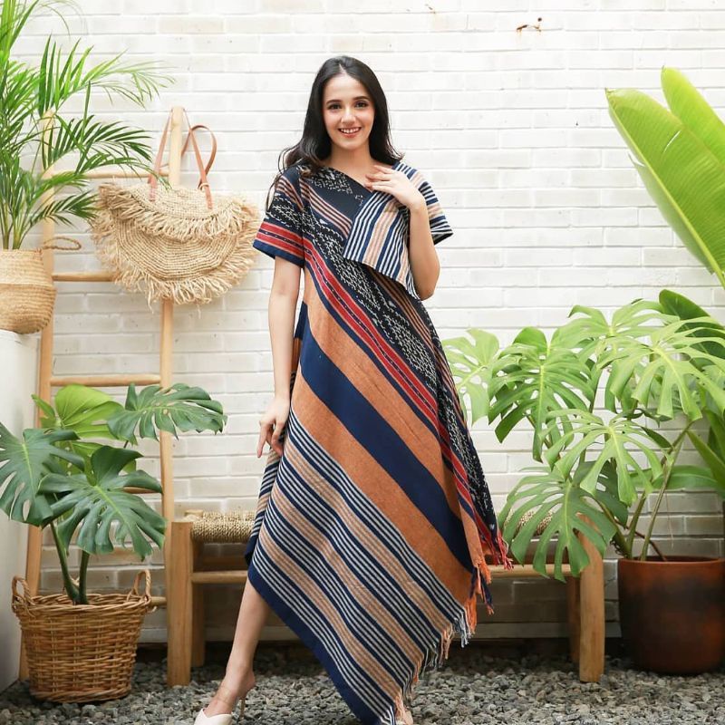 Dress tenun etnik -dress v neck - dress kondangan - dress etnik - dress kekinian -dress