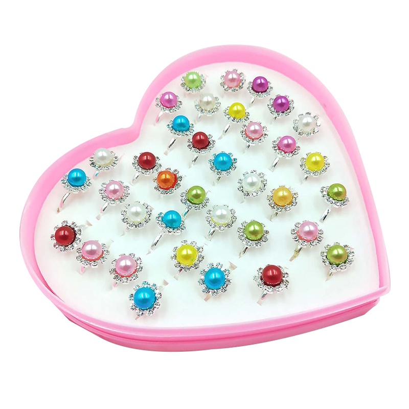 Siy 12 / 36pcs / Kotak Cincin Alloy Adjustable Motif Kartun Hati Untuk Anak Perempuan / Pesta Ulang Tahun