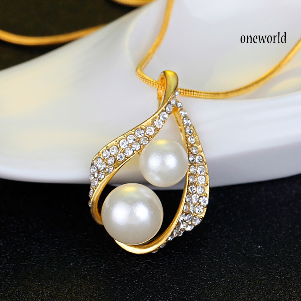 OW@ Wedding Bridal Imitation Pearl Rhinestone Hollow Stud Earrings Ring Necklace Set