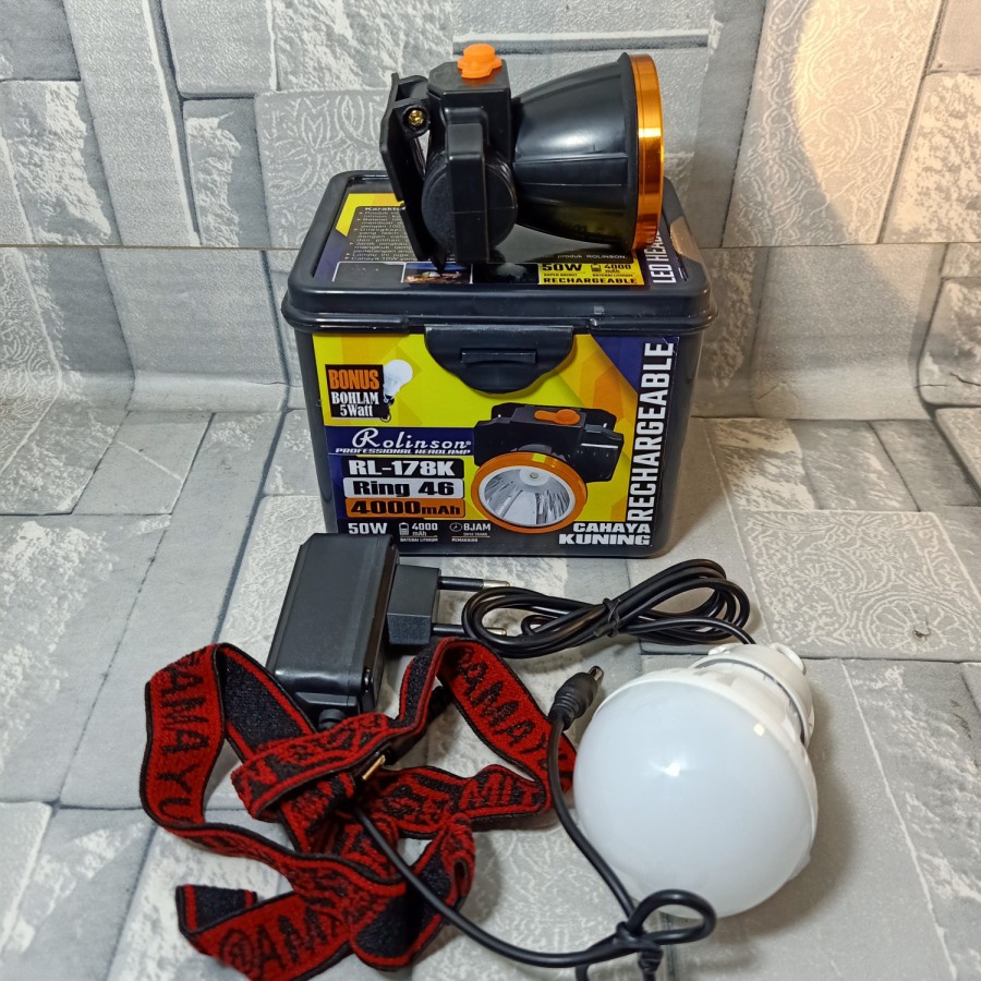 Senter Kepala Led Super Terang 50Watt Cahaya Putih &amp; Cahaya Kuning Waterproof Headlamp Anti Air