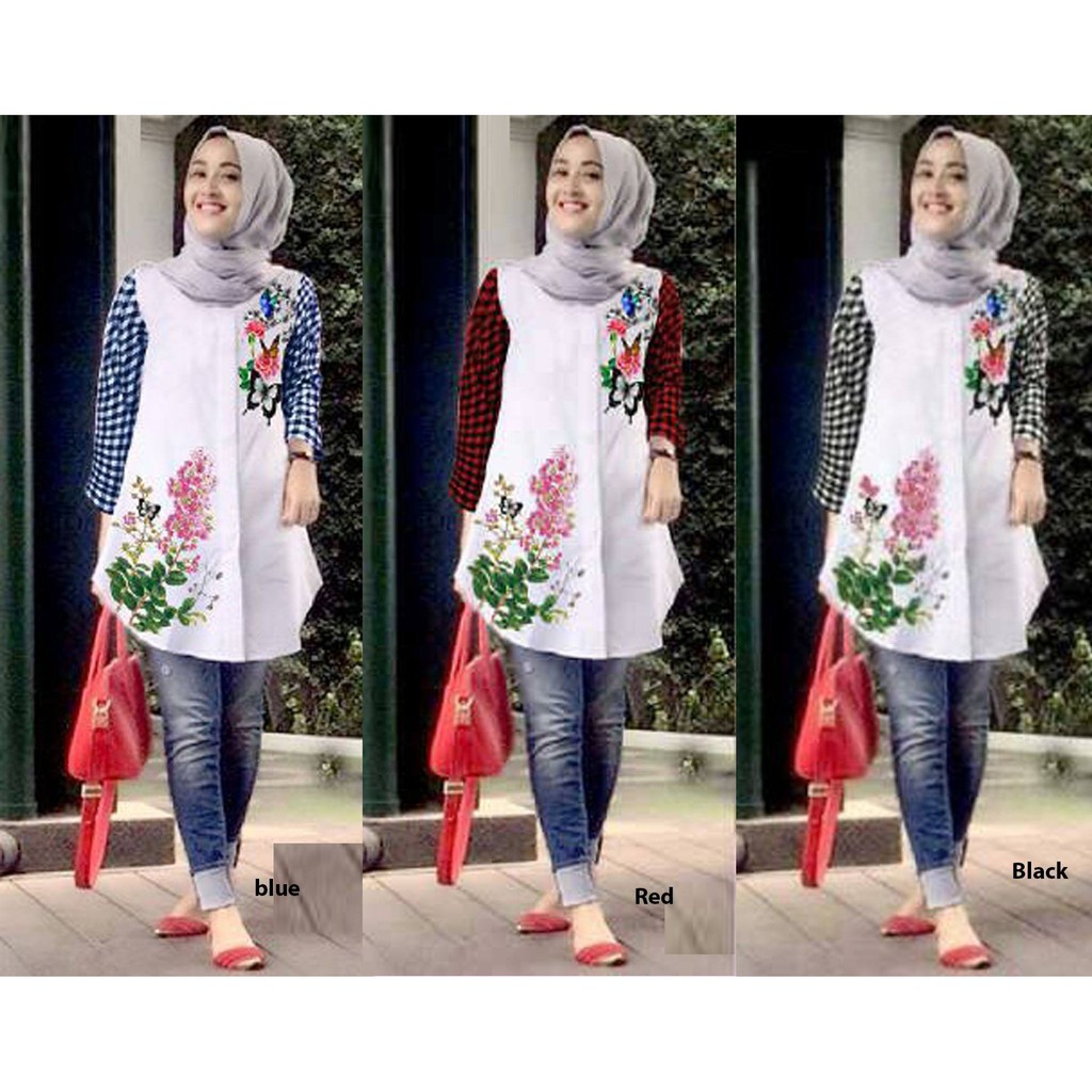Atasan kemeja wanita casual kemeja muslim tunik bunga hem Atasan kemeja wanita casual kemeja muslim tunik bunga hem