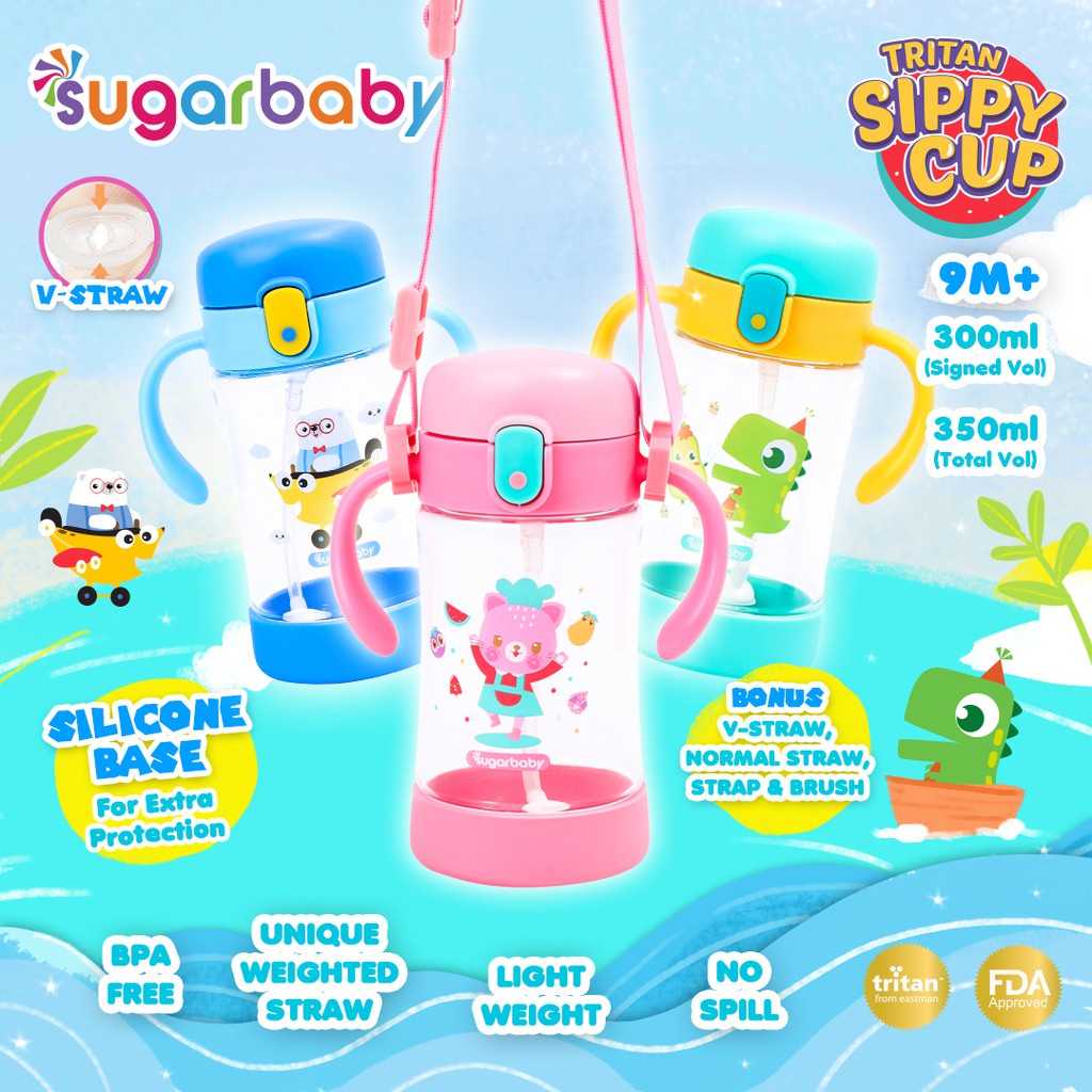 Sugarbaby Tritan Sippy Cup (350 ml) with Silicone Base + Dual Straws BOTOL MINUM ANAK MURAH