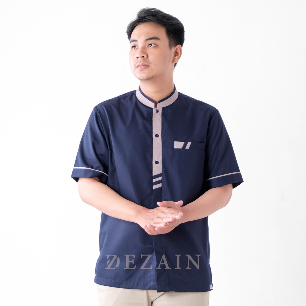 Koko Muslim Dezain Lengan Pendek KK2201 - Warna Navy Kombinasi Abu