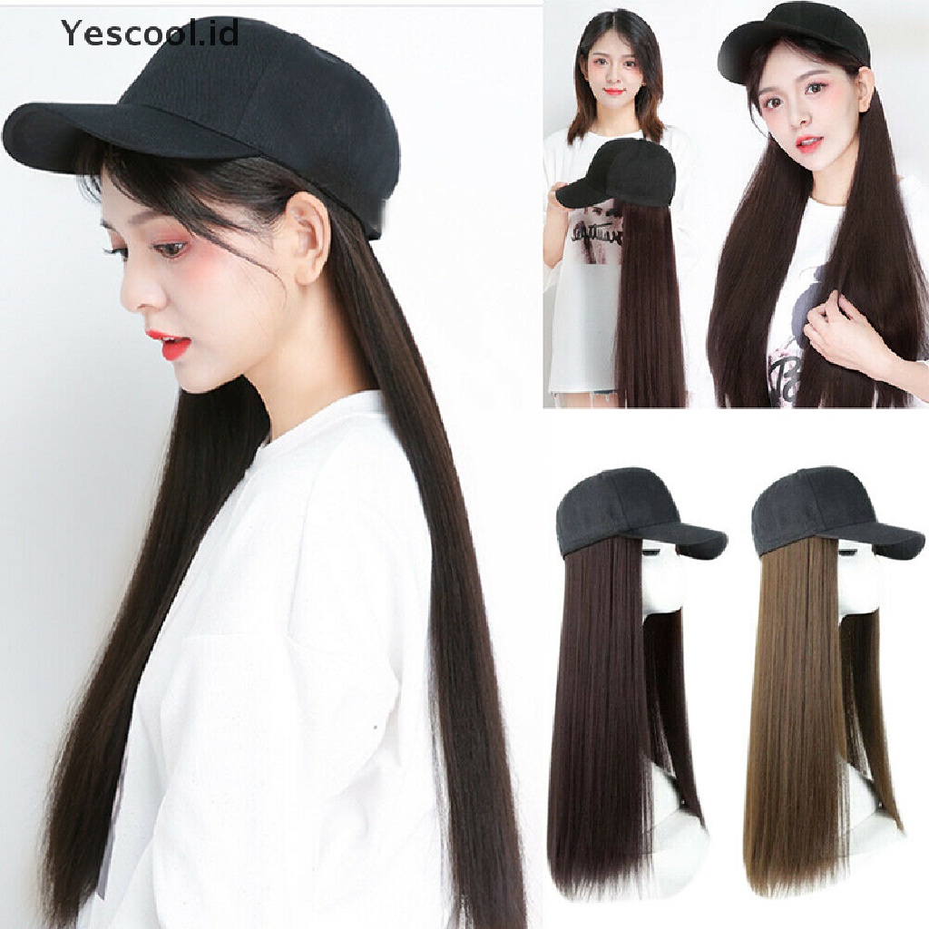 Topi Baseball Dengan Rambut Palsu Panjang Lurus Bahan Sintetis Untuk Wanita